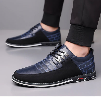 Men's Grid Pattern Leather Shoes – Breathable, Soft Leather Upper with Durable Rubber Sole