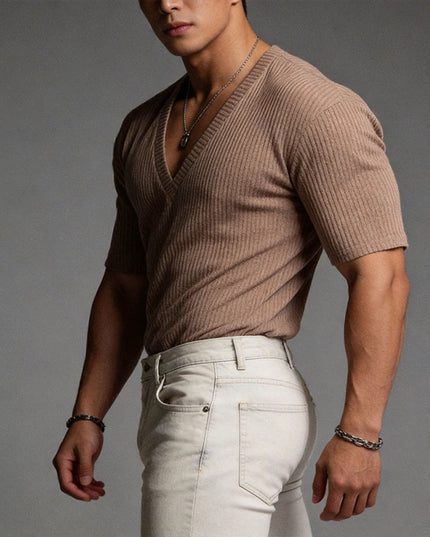 Men's V-Neck Short Sleeve Casual Slim Fit Ribbed T-Shirt