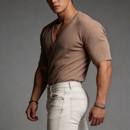 Men's V-Neck Short Sleeve Casual Slim Fit Ribbed T-Shirt