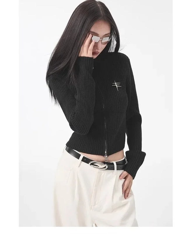 Women's Vintage Zipper Cardigan - Cropped Knit Sweater for Women