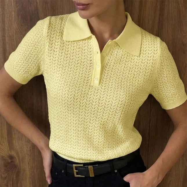 Hollow Knit Short Sleeve Polo T-Shirt for Women