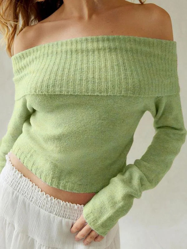 Women's Black Off-Shoulder Ribbed Knit Long Sleeve Slim Fit Casual Cropped Sweater