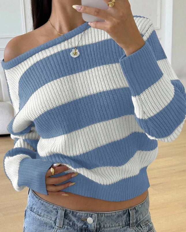 Women's Striped Knitted Sweater with Round Neck
