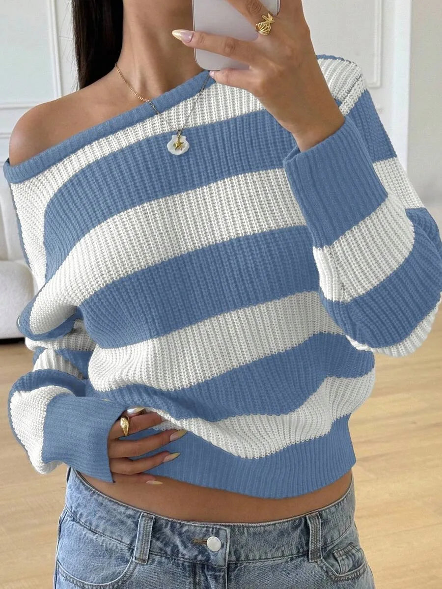 Women's Striped Knitted Sweater with Round Neck