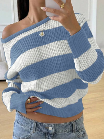 Women's Striped Knitted Sweater with Round Neck