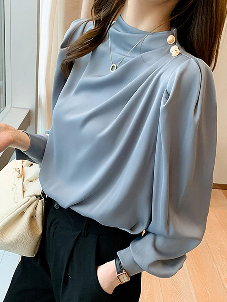 Elegant Women's Satin-Feel Lantern Sleeve Blouse