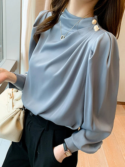 Elegant Women's Satin-Feel Lantern Sleeve Blouse