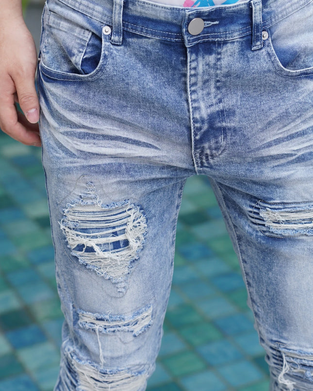 Men's Wide Leg Jeans with Distressed and Patched Design
