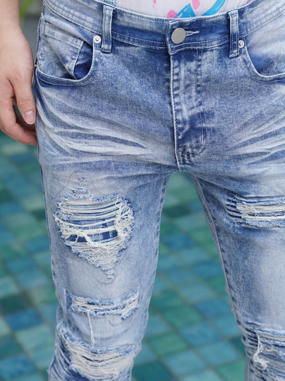 Men's Wide Leg Jeans with Distressed and Patched Design