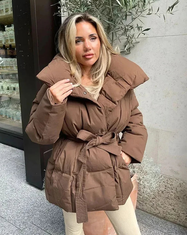 Women's Cotton-Filled Coat with Lapel Tie and Waist Cinching
