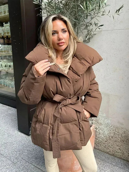 Women's Cotton-Filled Coat with Lapel Tie and Waist Cinching