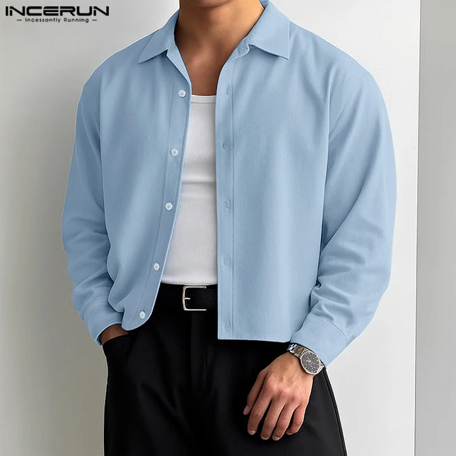 Incerun Men's Long Sleeve Lapel Shirt with Button Closure