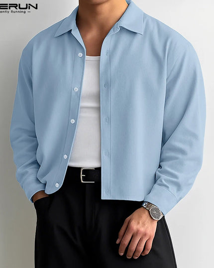 Incerun Men's Long Sleeve Lapel Shirt with Button Closure