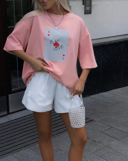 Women's Cotton Poker Card Print T-Shirt - Loose Fit, Casual Short Sleeve Tee for Women