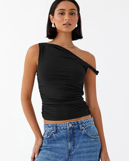 Women’s Sleeveless Off-Shoulder Ruched Crop Top – Stylish Side Ruched Design
