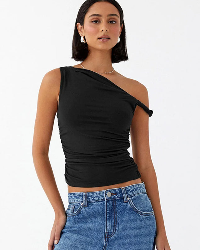 Women’s Sleeveless Off-Shoulder Ruched Crop Top – Stylish Side Ruched Design