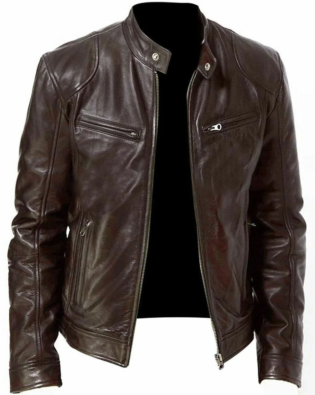 Men's Slim Fit Faux Leather Motorcycle Jacket - Short Lapel PU Coat with Zipper