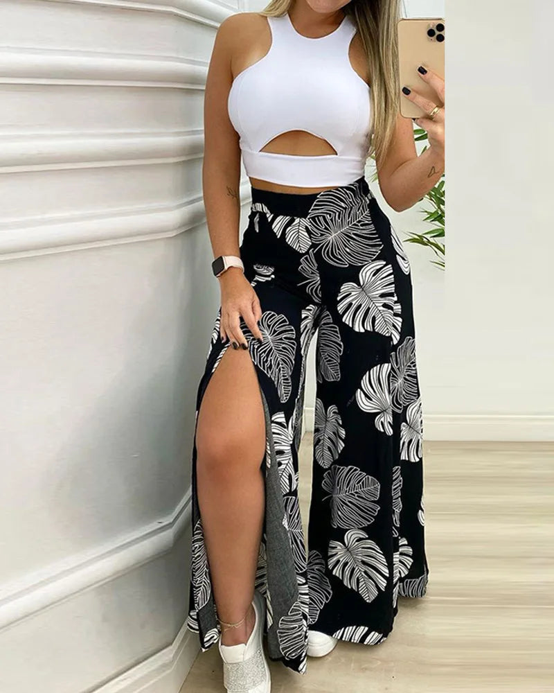 Women's Two-Piece Set: Cut-Out Tank Top and Tropical Print Split Wide-Leg Pants