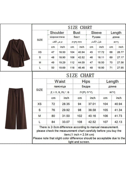 Linen Women's 2-Piece Set: Kimono Style Loose Lace-Up Shirt and Wide Leg Pants