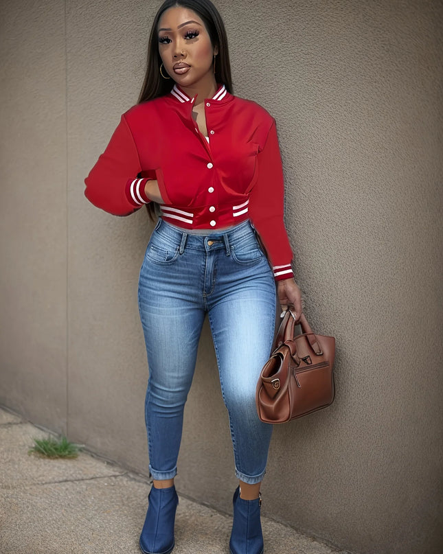 Women's Single-Breasted Lettered Baseball Jacket