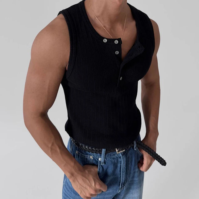 Men's Slim Fit Elastic Breathable Crew Neck Button Ribbed Vest