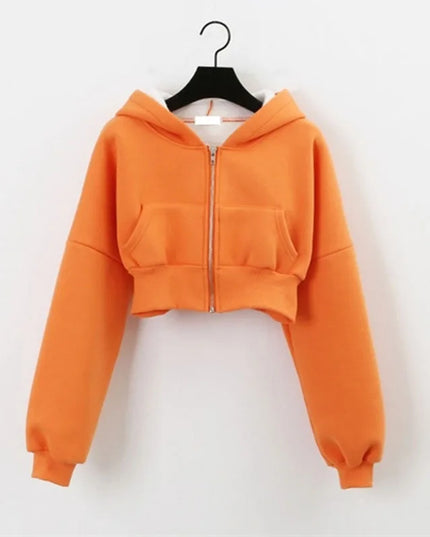 Women's Cropped Zip-Up Hoodie Jacket - Vintage Style with Pockets