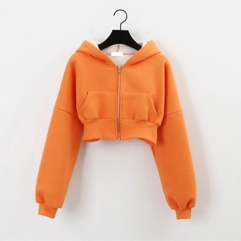 Cropped Zip-Up Hooded Jacket for Women with Pockets