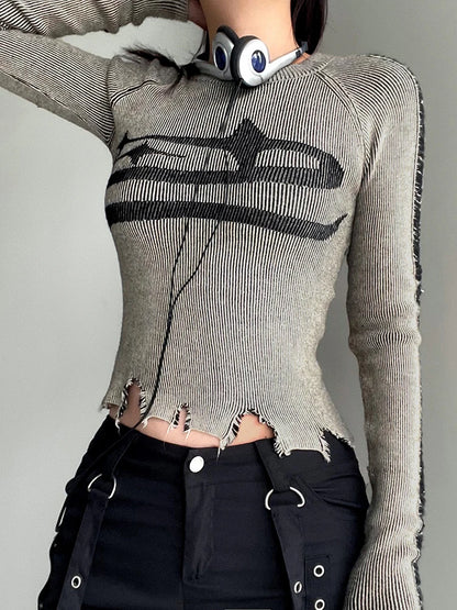 Womens Vintage Ripped Knitted Sweater with Harajuku Print