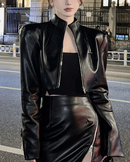 Women's Cropped PU Jacket with Zip - Stylish Leather Look Outerwear for Women