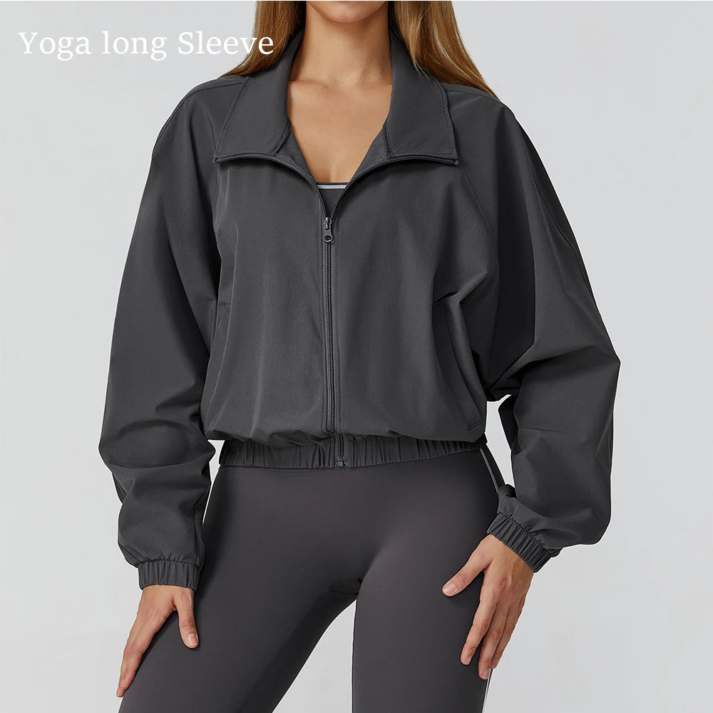 Women’s Long Sleeve Gym Fitness Jacket with Zipper and Pockets