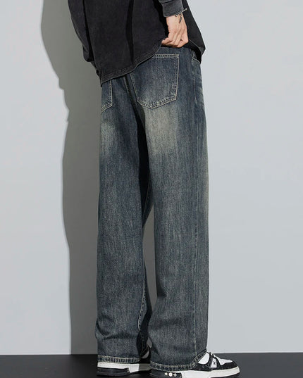 Men's Cotton Baggy Wide Leg Jeans – Retro Washed Denim Loose Fit Trousers for Men