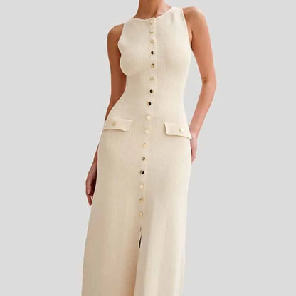 Stylish Women's Long Sleeveless Knitted Dress with Buttons