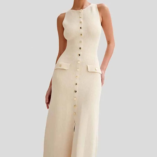 Stylish Women's Long Sleeveless Knitted Dress with Buttons