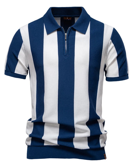 Men's Breathable Striped Polo Shirt - Casual Knit T-Shirt with Zipper Closure