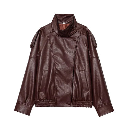 Women's Faux Leather Loose Jacket with Stand Collar and Zipper
