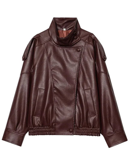 Women's Faux Leather Loose Jacket with Stand Collar and Zipper
