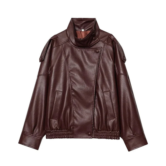 Women's Faux Leather Loose Jacket with Stand Collar and Zipper