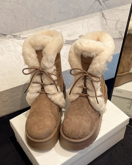 Women's Warm Fur-Lined Lace-Up Fluffy Plush Ankle Boots with Cotton Padding