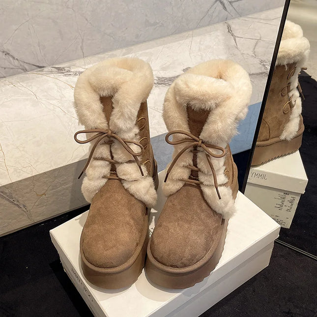 Women's Warm Fur-Lined Lace-Up Fluffy Plush Ankle Boots with Cotton Padding