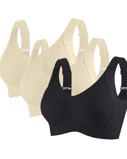 3-Piece Women's Non-Wire Push-Up Bra Set with Seamless Ribbed Design