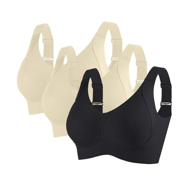 3-Piece Women's Non-Wire Push-Up Bra Set with Seamless Ribbed Design