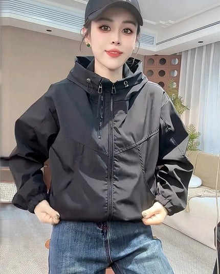 Women's Hooded Short Jacket with Double Zipper - Loose Fit