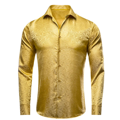 Luxury Gold Men's Silk Jacquard Lapel Shirt