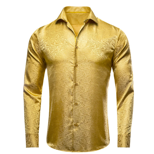 Luxury Gold Men's Silk Jacquard Lapel Shirt