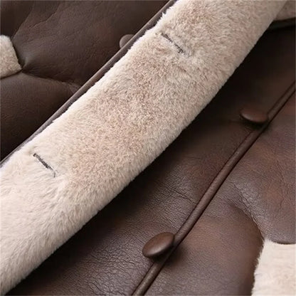 Women's Faux Leather Fleece Collar Jacket with Belt