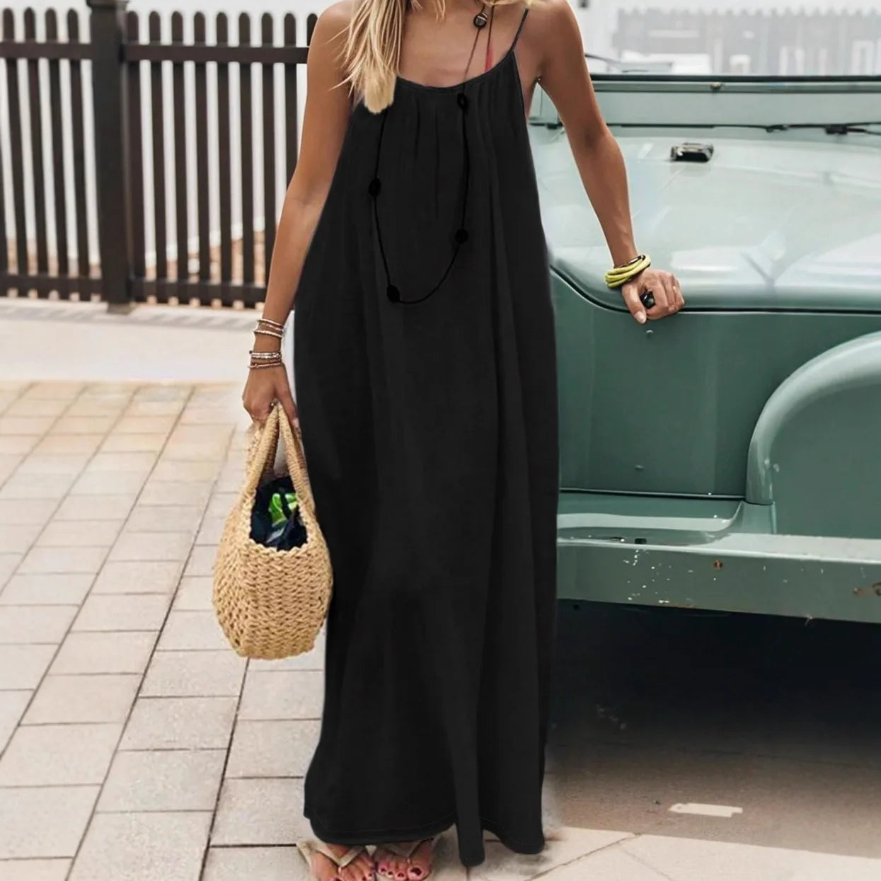 Women's Loose Fit Long Casual Dress with Strap Detailing