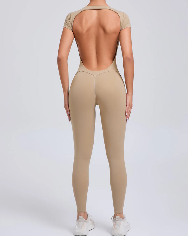 Women's Padded Short Sleeve One-Piece Jumpsuit - Quick-Dry, Backless Sports Suit for Active Fitness