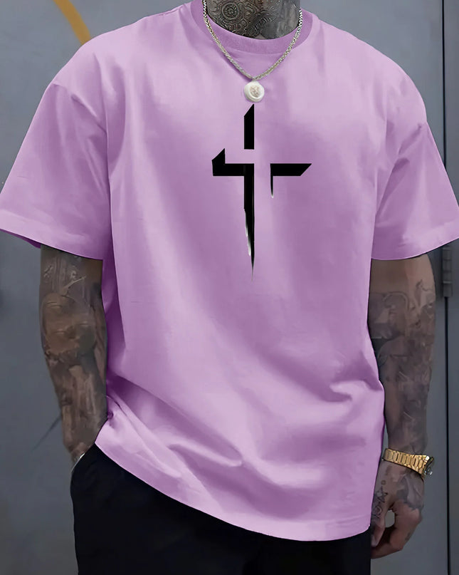 Men's 100% Cotton Casual Loose Fit Cross Print Round Neck T-Shirt