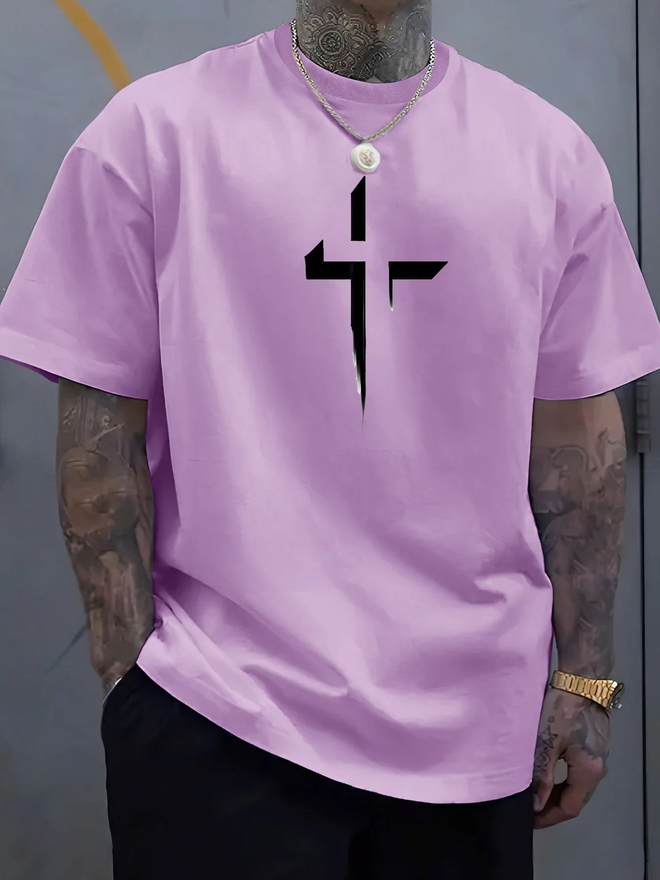 Men's 100% Cotton Casual Loose Fit Cross Print Round Neck T-Shirt