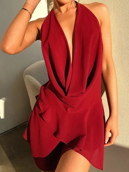 Elegant Women's Backless Halter Mini Dress with Drape, See-Through Fabric, and Deep V Neckline